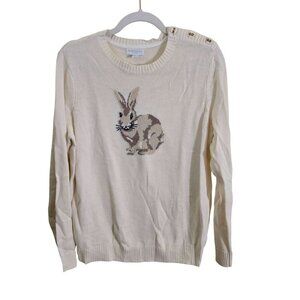 Charter Club Neutral Bunny Intarsia Knit Crewneck Button Detail Sweater Size Lp